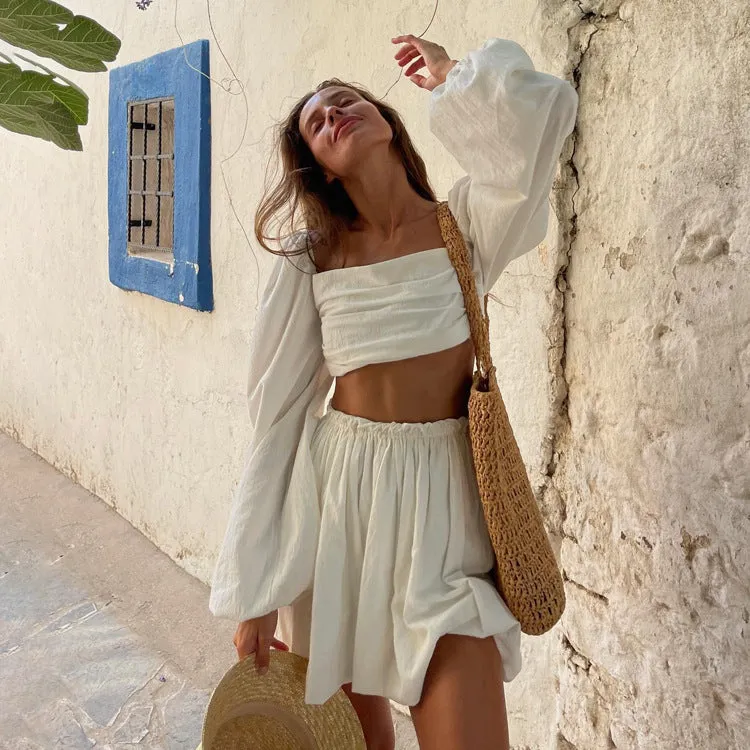 Toleet skirt outfits Spring and Summer Suit Women's Fashion Lace-up Tube Top Backless Top Pleated High Waist Short Skirt Two-Piece Set