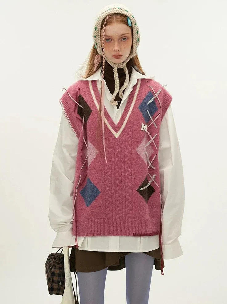 Vest Lace-up Argyle Over-Knit