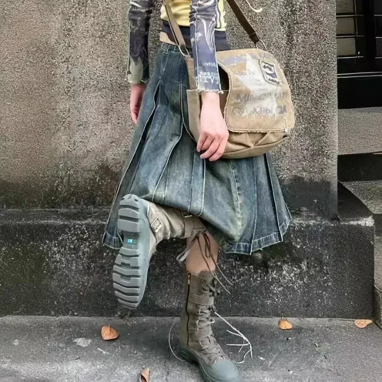 Vevesc Women 2000s Harajuku Fashion Jean Midi Skirt Denim Pleated A-line Skirts Dark Academia Y2k Preppy Japanese Grunge Gyaru New