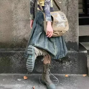 Vevesc Women 2000s Harajuku Fashion Jean Midi Skirt Denim Pleated A-line Skirts Dark Academia Y2k Preppy Japanese Grunge Gyaru New