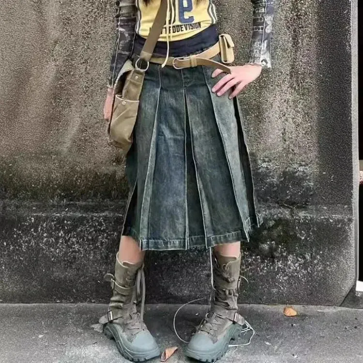 Vevesc Women 2000s Harajuku Fashion Jean Midi Skirt Denim Pleated A-line Skirts Dark Academia Y2k Preppy Japanese Grunge Gyaru New
