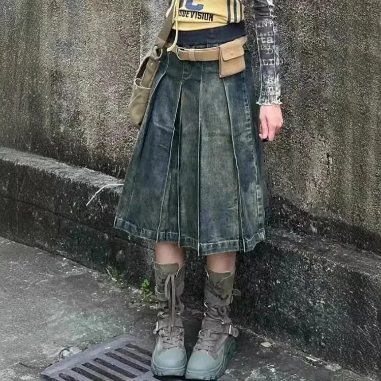 Vevesc Women 2000s Harajuku Fashion Jean Midi Skirt Denim Pleated A-line Skirts Dark Academia Y2k Preppy Japanese Grunge Gyaru New