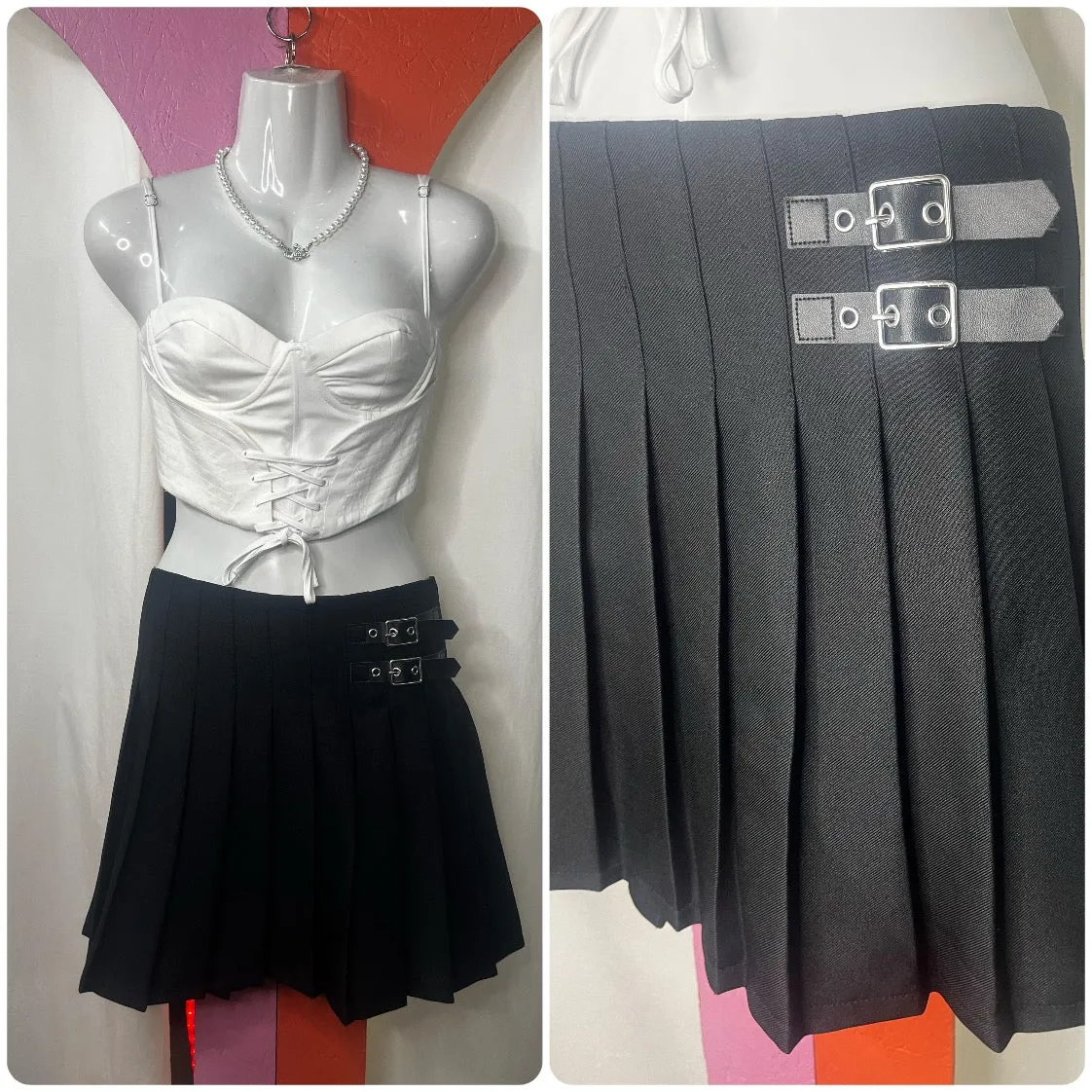 Vintage 90s Y2K | Black Pleated Goth Fairy Grunge Coquette Mini Skirt | Size L