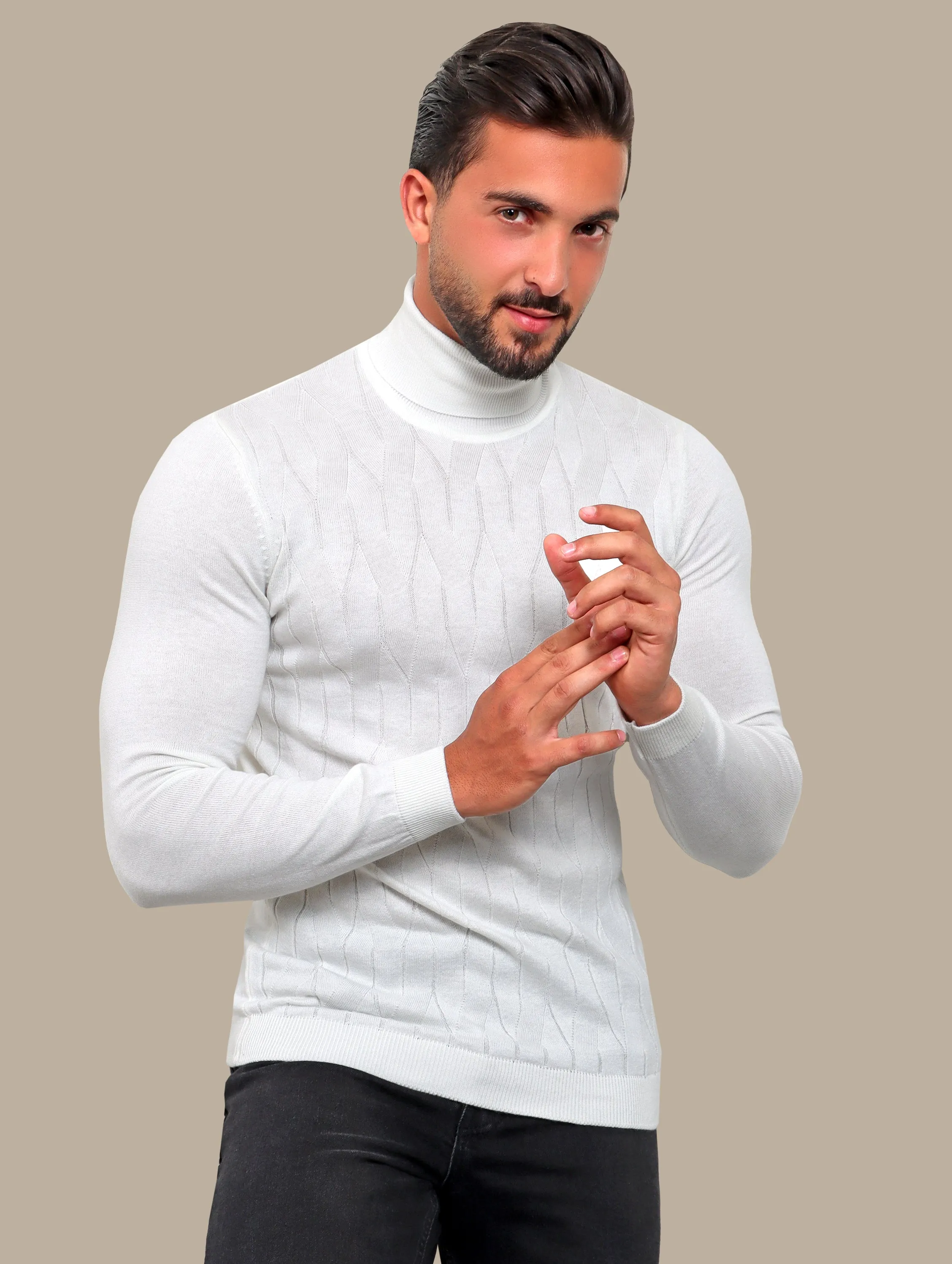 White Turtle Neck Braided Sweater