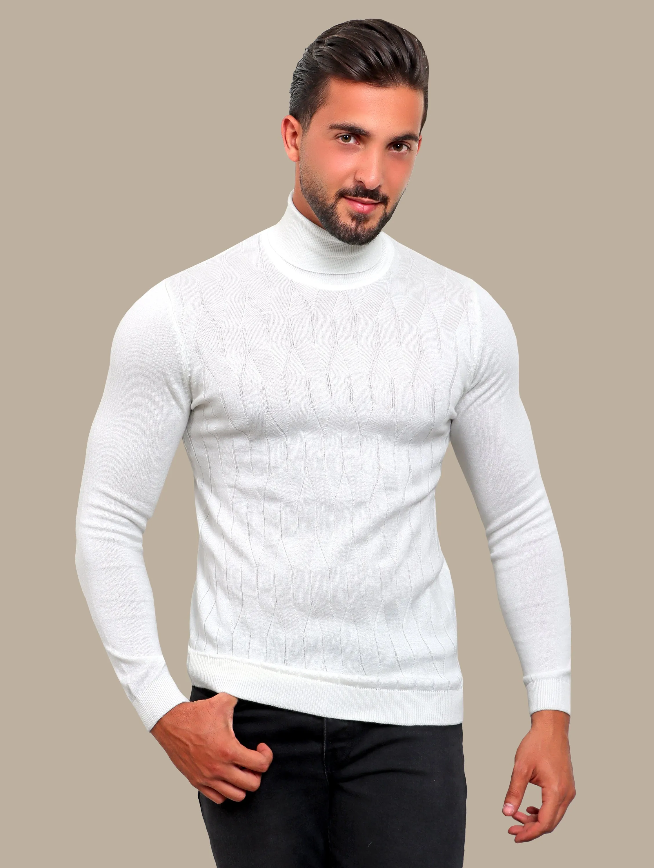 White Turtle Neck Braided Sweater