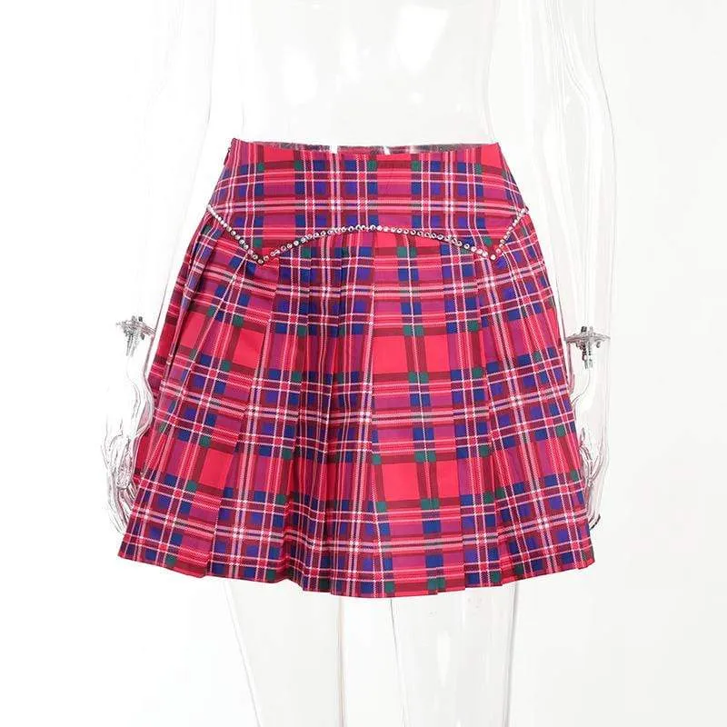 Women's Grunge Double Color Plaid Pleated Skirt