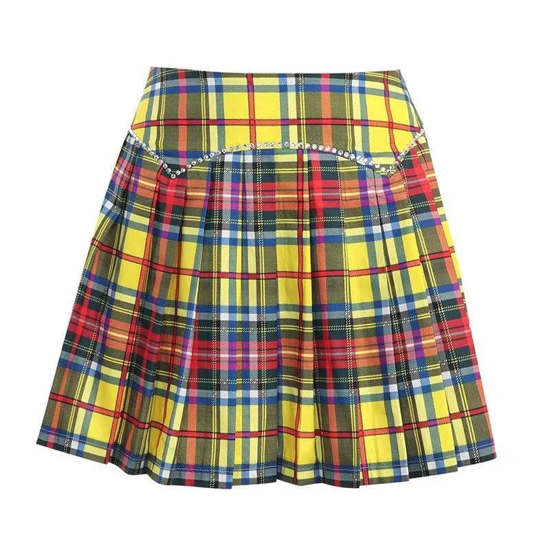 Women's Grunge Double Color Plaid Pleated Skirt
