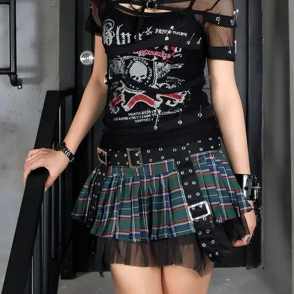 Women's Grunge Eyelet Buckled Plaid Pleated Skirt Green