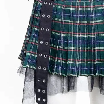 Women's Grunge Eyelet Buckled Plaid Pleated Skirt Green