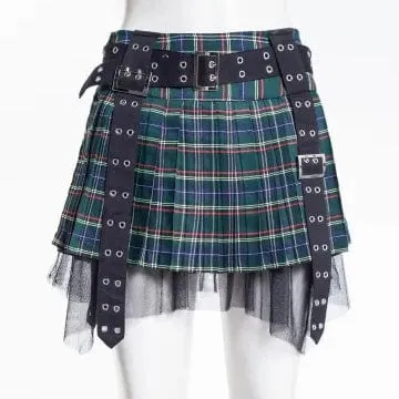 Women's Grunge Eyelet Buckled Plaid Pleated Skirt Green