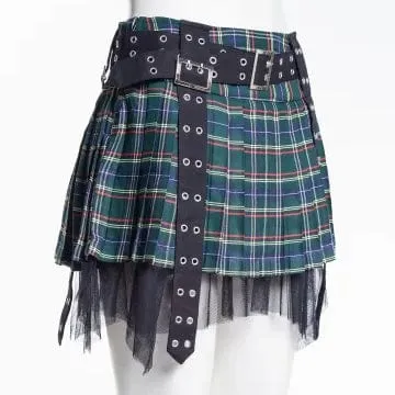 Women's Grunge Eyelet Buckled Plaid Pleated Skirt Green