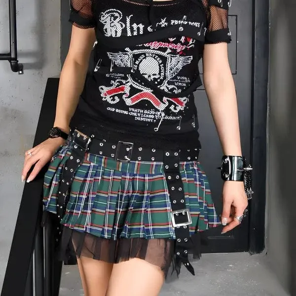 Women's Grunge Eyelet Buckled Plaid Pleated Skirt Green