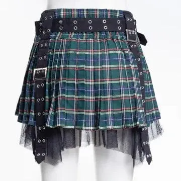Women's Grunge Eyelet Buckled Plaid Pleated Skirt Green