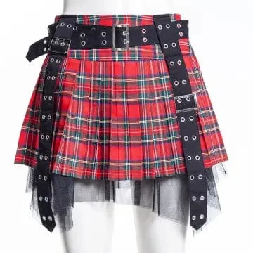 Women's Grunge Eyelet Buckled Plaid Pleated Skirt Red