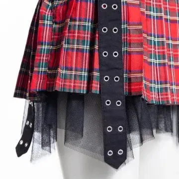 Women's Grunge Eyelet Buckled Plaid Pleated Skirt Red