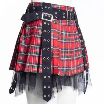 Women's Grunge Eyelet Buckled Plaid Pleated Skirt Red