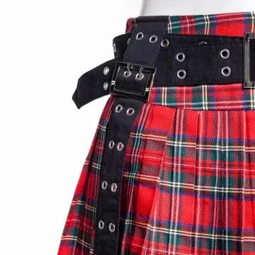 Women's Grunge Eyelet Buckled Plaid Pleated Skirt Red
