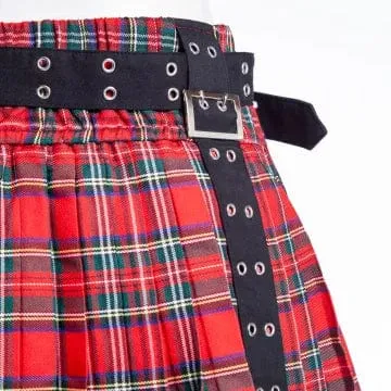 Women's Grunge Eyelet Buckled Plaid Pleated Skirt Red