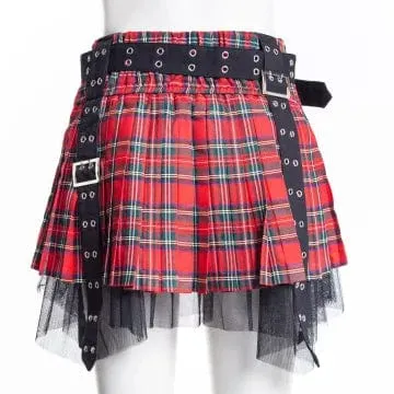 Women's Grunge Eyelet Buckled Plaid Pleated Skirt Red