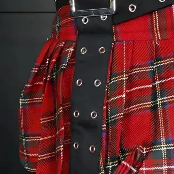 Women's Grunge Eyelet Buckled Plaid Pleated Skirt Red