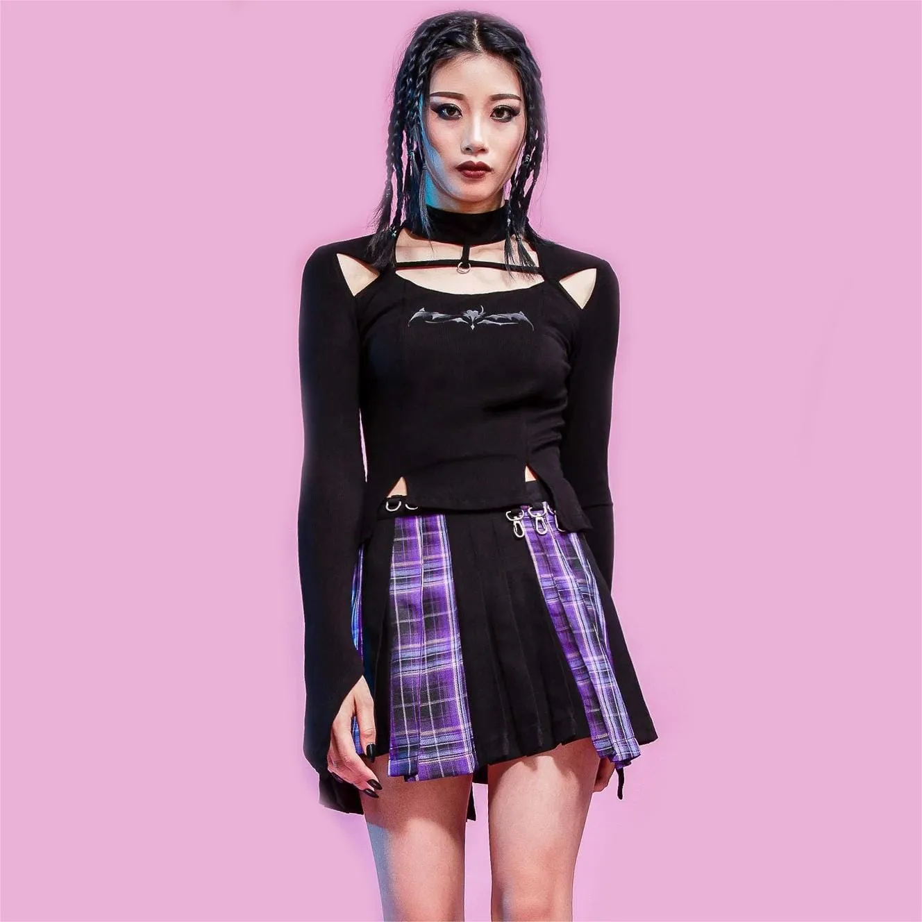 Women's Grunge Irregular Plaid Splice Pleated Skirt Purple