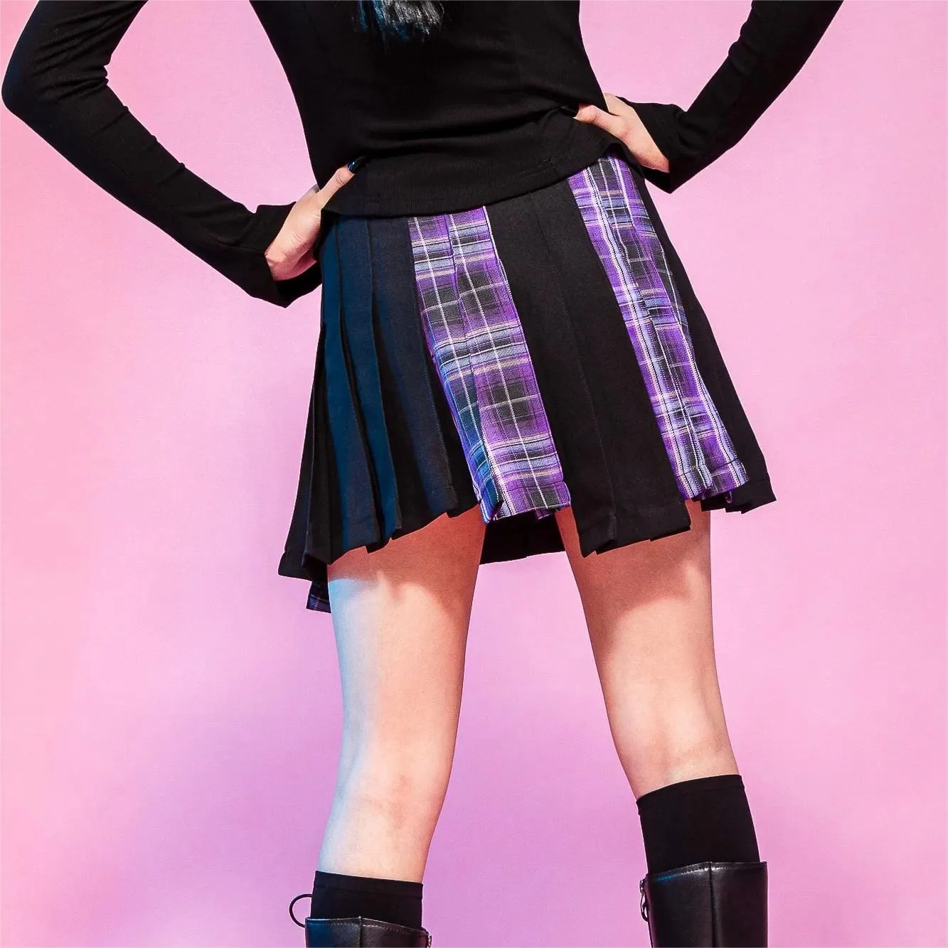 Women's Grunge Irregular Plaid Splice Pleated Skirt Purple