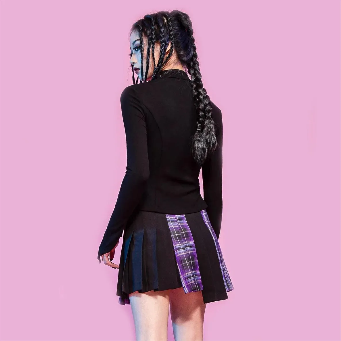Women's Grunge Irregular Plaid Splice Pleated Skirt Purple
