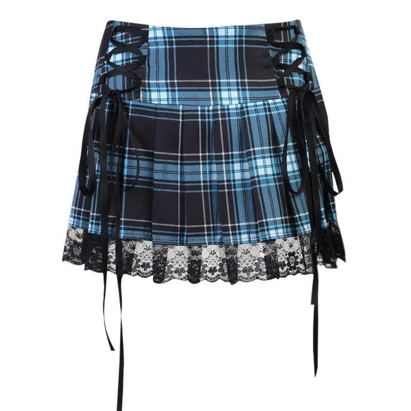 Women's Grunge Strappy Lace Hem Plaid Pleated Skirt