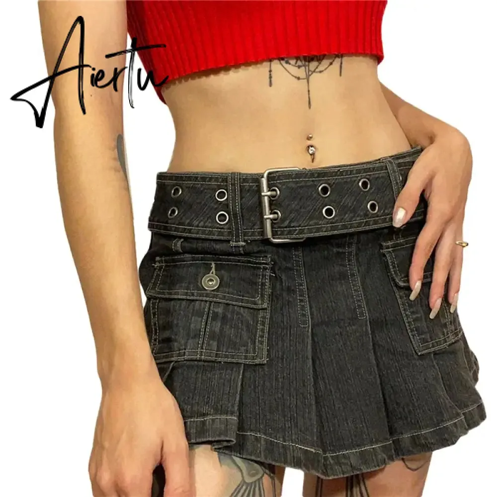 Y2k Denim Skirt 2000s Aesthetic Women Fairycore Grunge Low Waist A Line Pleated Skirts Fashion Jeans Skirt Streetwear